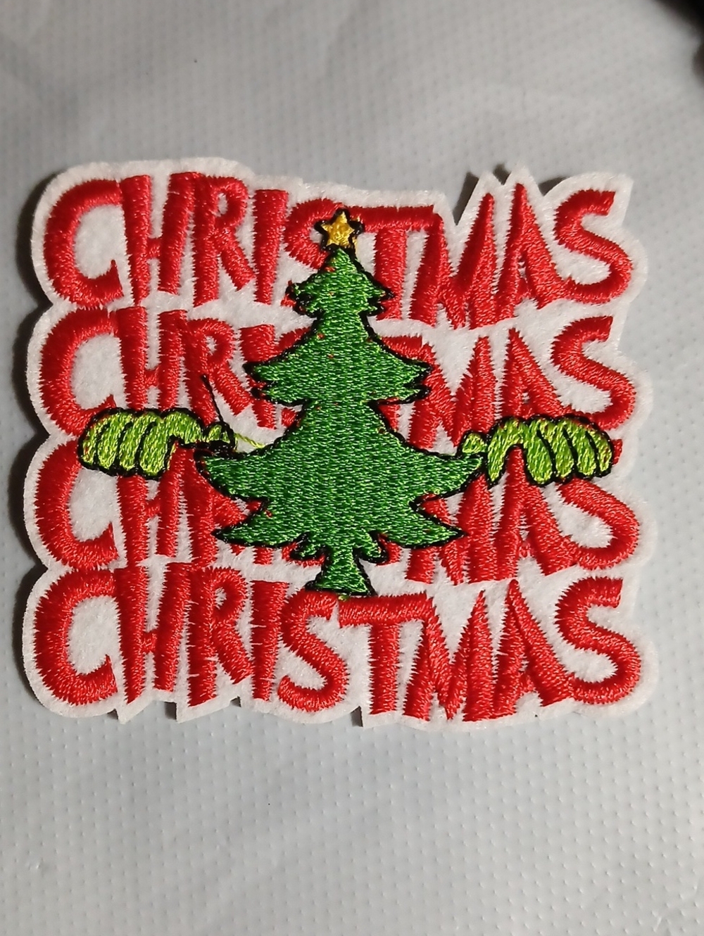 Festive Green Christmas Tree Embroidered Patch Grinch Hands